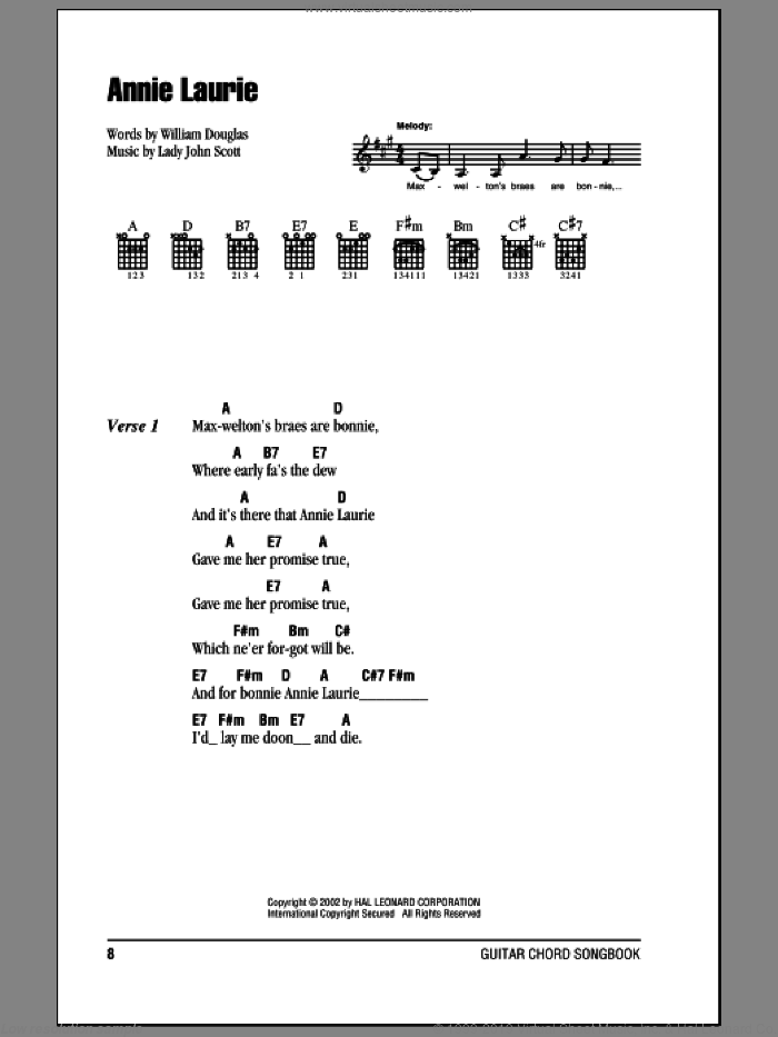 Annie Laurie sheet music for guitar (chords) by William Douglas, intermediate skill level