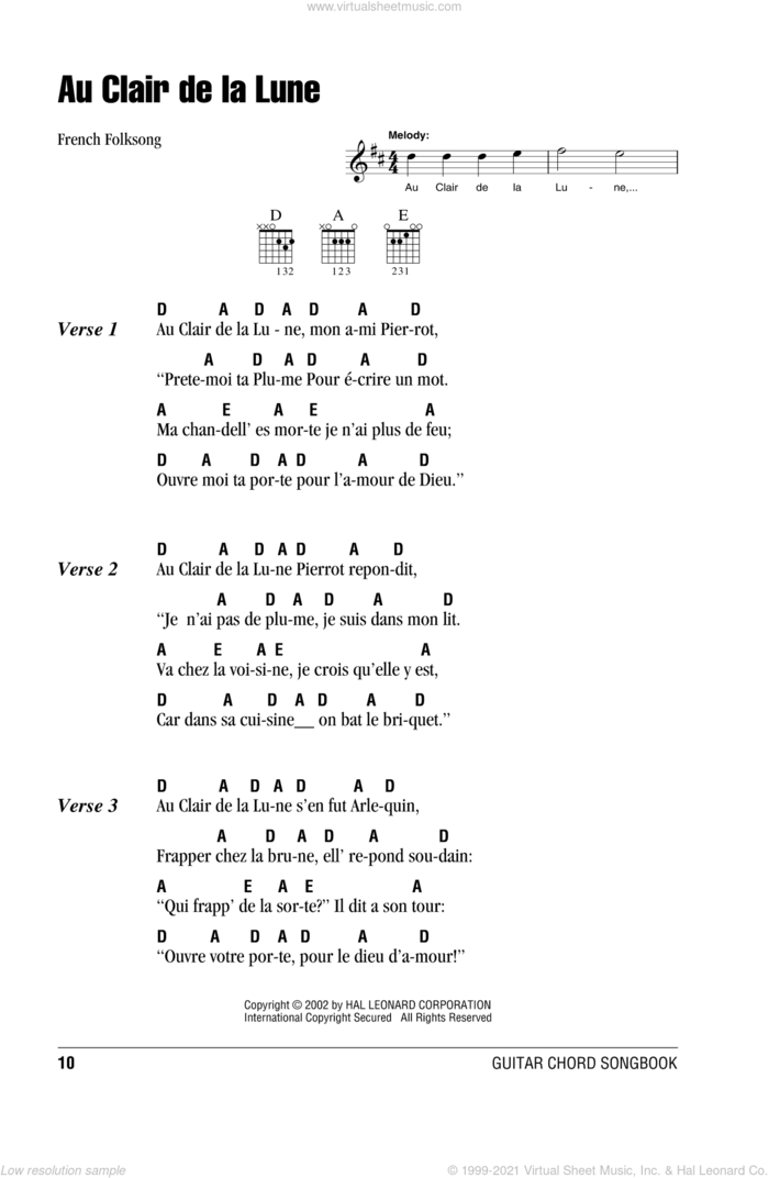 Au Clair De La Lune sheet music for guitar (chords), intermediate skill level