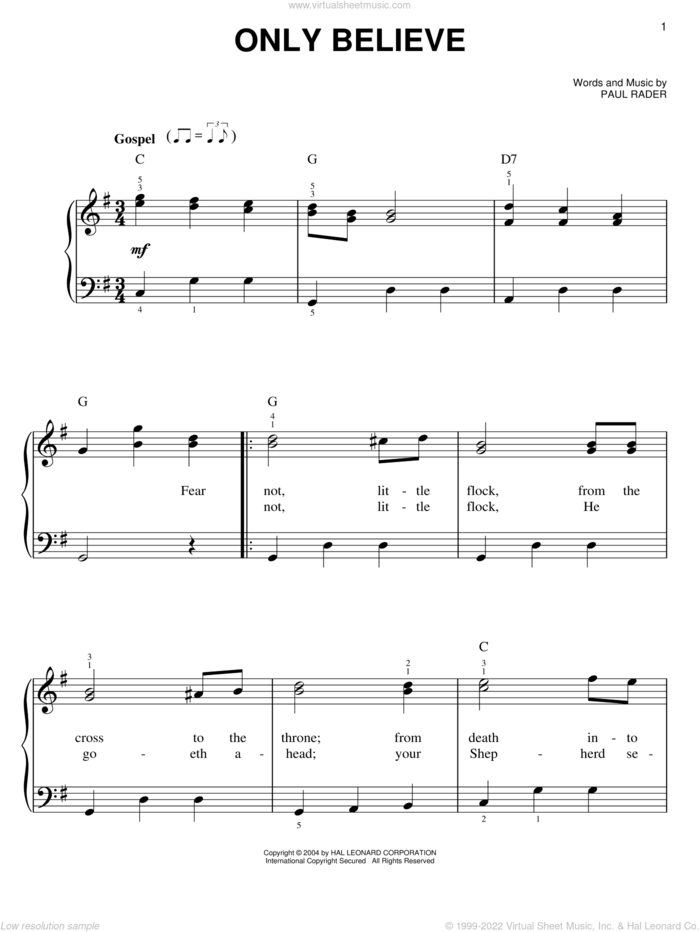 Only Believe sheet music for piano solo by Elvis Presley and Paul Rader, easy skill level