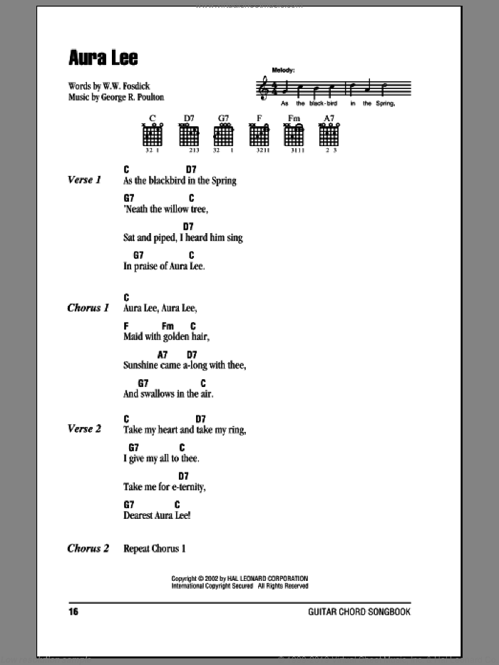 Aura Lee sheet music for guitar (chords) by George R. Poulton and W.W. Fosdick, intermediate skill level