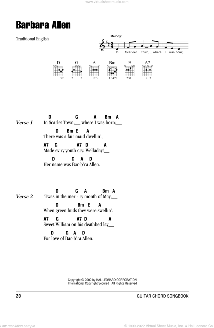 Barbara Allen sheet music for guitar (chords) by Traditional English Ballad and Miscellaneous, intermediate skill level