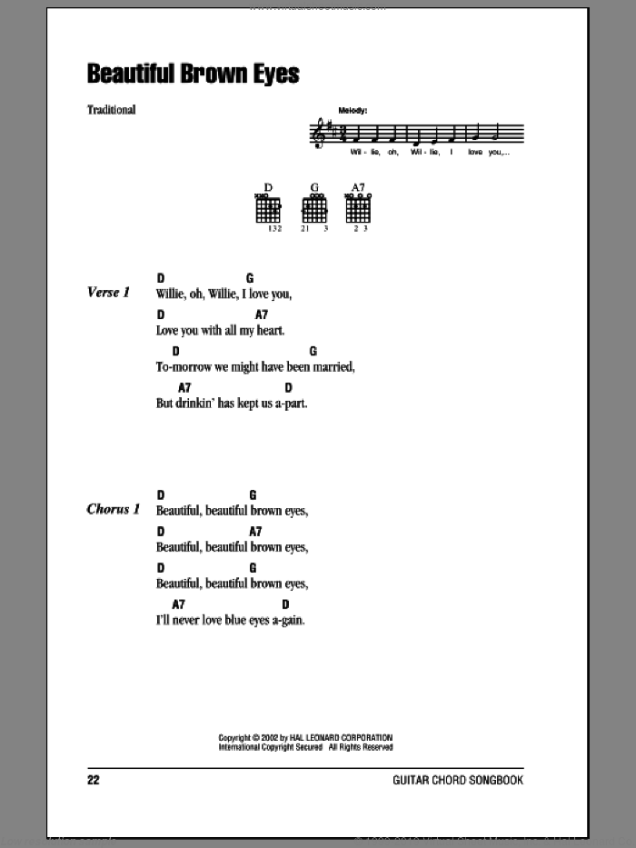 Beautiful Brown Eyes sheet music for guitar (chords), intermediate skill level