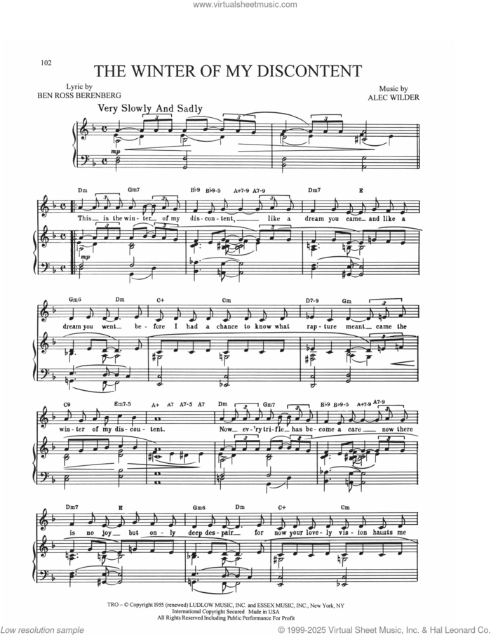 The Winter Of My Discontent sheet music for voice, piano or guitar by Alec Wilder, William Engvick and Ben Ross Berenberg, intermediate skill level