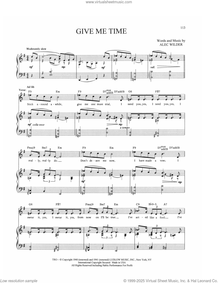 Give Me Time sheet music for voice, piano or guitar by Alec Wilder and William Engvick, intermediate skill level