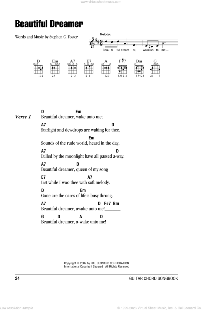 Beautiful Dreamer sheet music for guitar (chords) by Stephen Foster, intermediate skill level