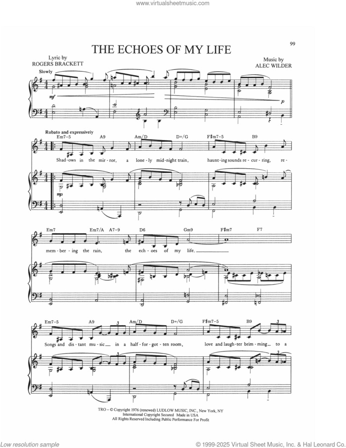 The Echoes Of My Life sheet music for voice, piano or guitar by Alec Wilder, William Engvick and Rogers Brackett, intermediate skill level