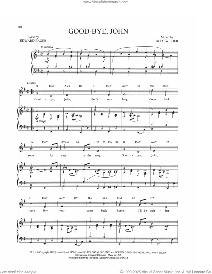 Good-Bye, John sheet music for voice, piano or guitar by Alec Wilder, William Engvick and Edward Eager, intermediate skill level