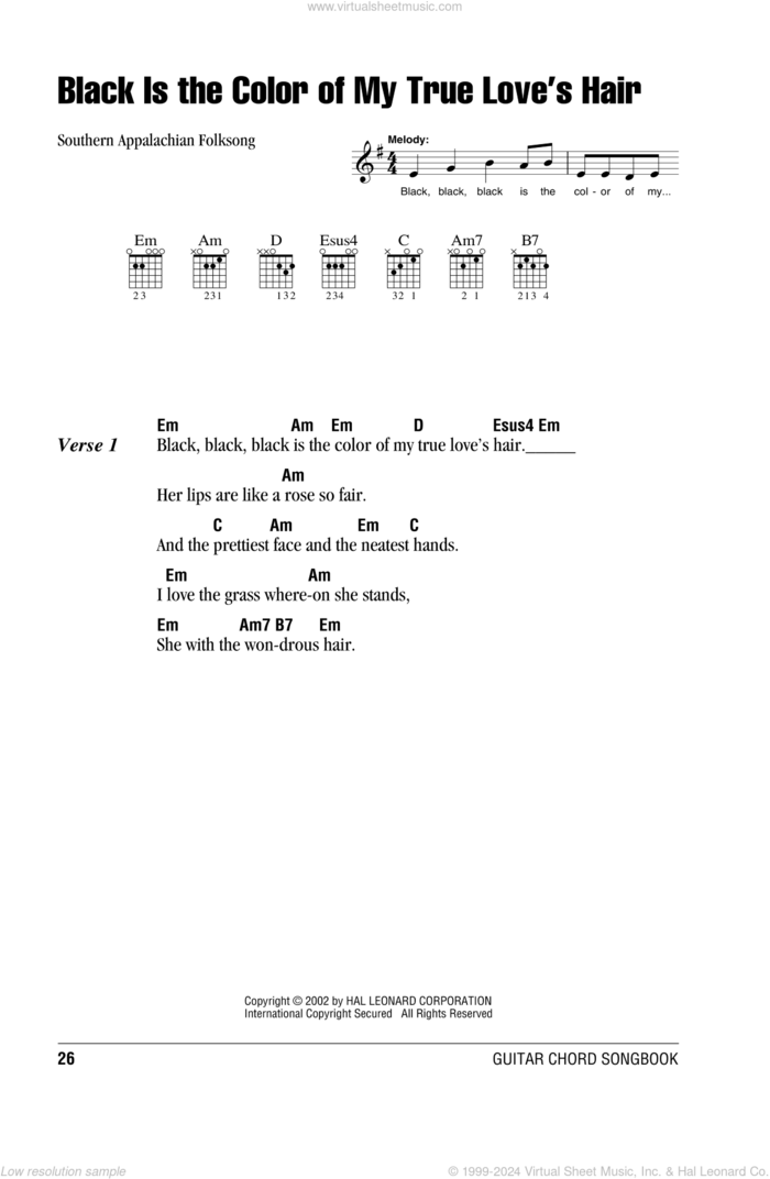 Black Is the Color Of My True Love's Hair sheet music for guitar (chords) by Southern Appalachian Folksong, intermediate skill level