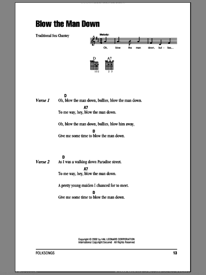 Blow The Man Down sheet music for guitar (chords), intermediate skill level