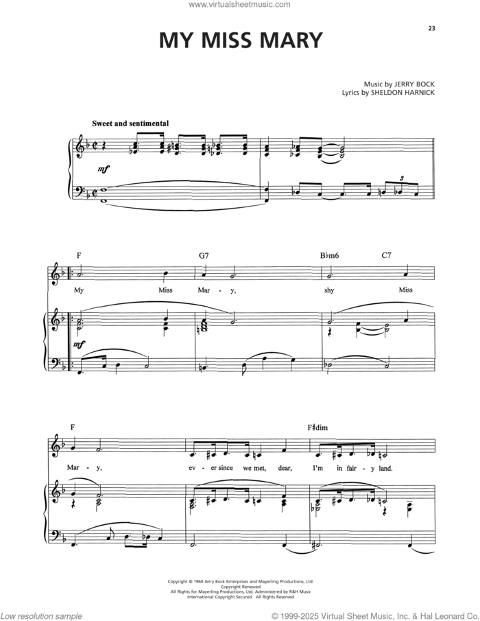 My Miss Mary (from Tenderloin) sheet music for voice, piano or guitar by Jerry Bock and Sheldon Harnick, intermediate skill level