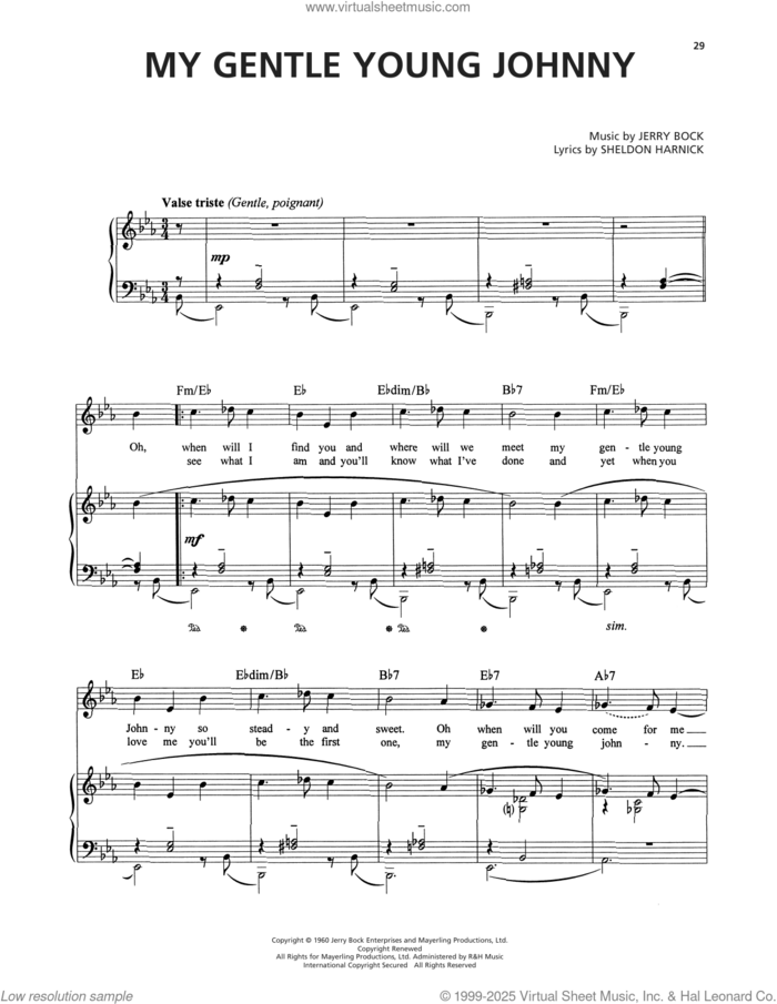 My Gentle Young Johnny (from Tenderloin) sheet music for voice, piano or guitar by Jerry Bock and Sheldon Harnick, intermediate skill level