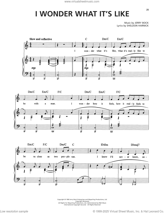 I Wonder What It's Like (from Tenderloin) sheet music for voice, piano or guitar by Jerry Bock and Sheldon Harnick, intermediate skill level