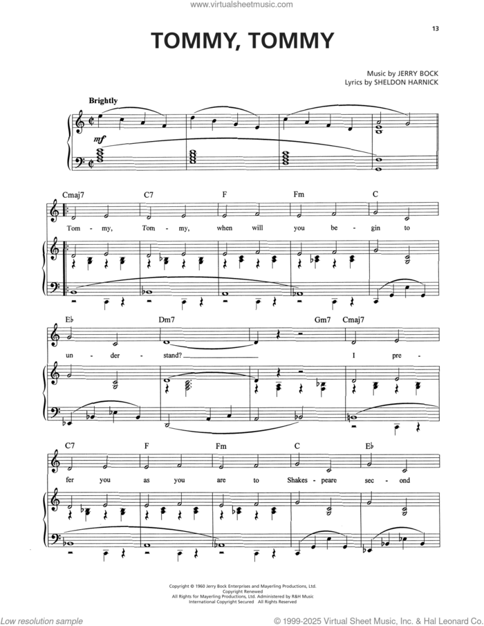 Tommy, Tommy (from Tenderloin) sheet music for voice, piano or guitar by Jerry Bock and Sheldon Harnick, intermediate skill level