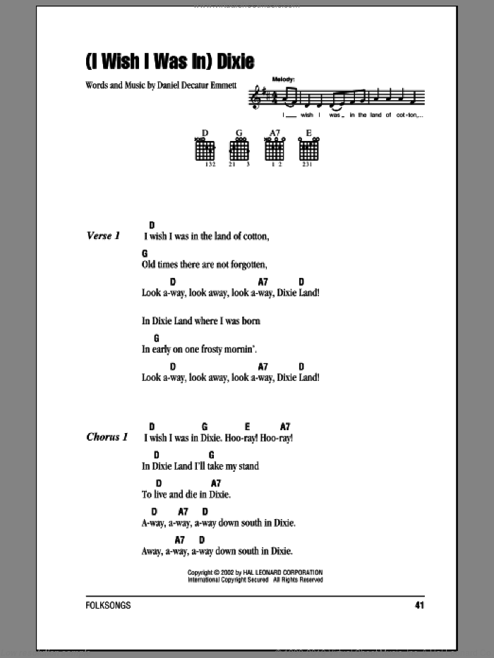 (I Wish I Was In) Dixie sheet music for guitar (chords) by Daniel Decatur Emmett, intermediate skill level