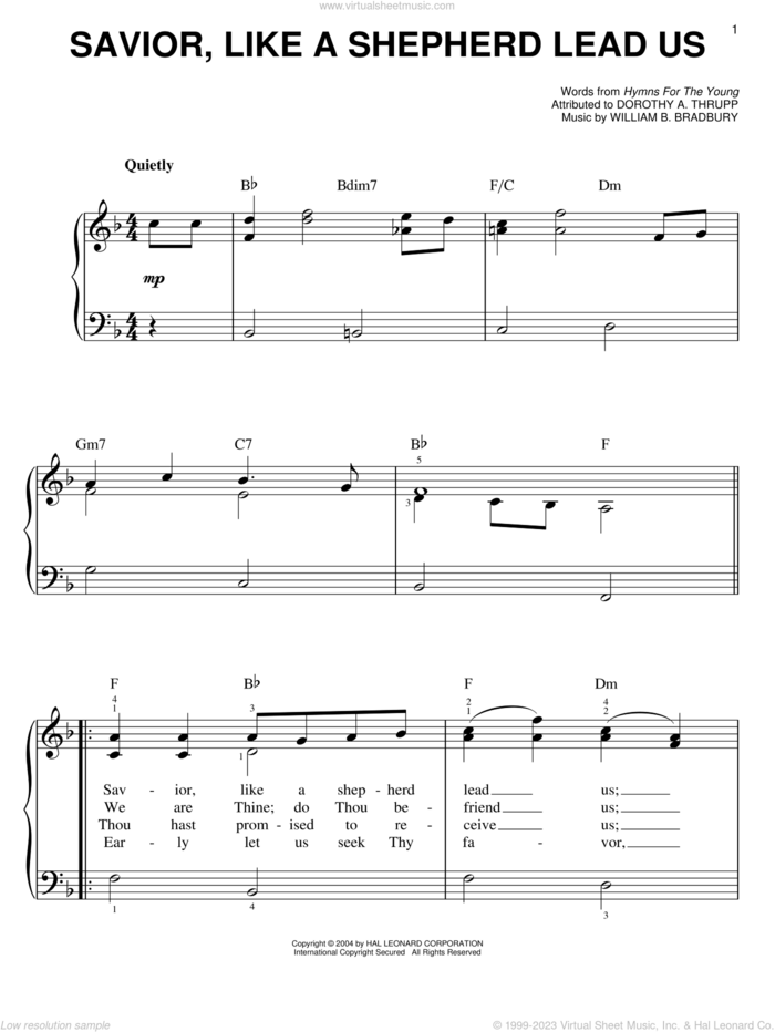 Savior, Like A Shepherd Lead Us, (easy) sheet music for piano solo by William B. Bradbury, Dorothy A. Thrupp and Hymns For The Young, wedding score, easy skill level