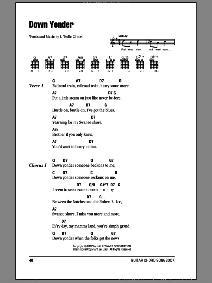 Down Yonder sheet music for guitar (chords) by L. Wolfe Gilbert, intermediate skill level