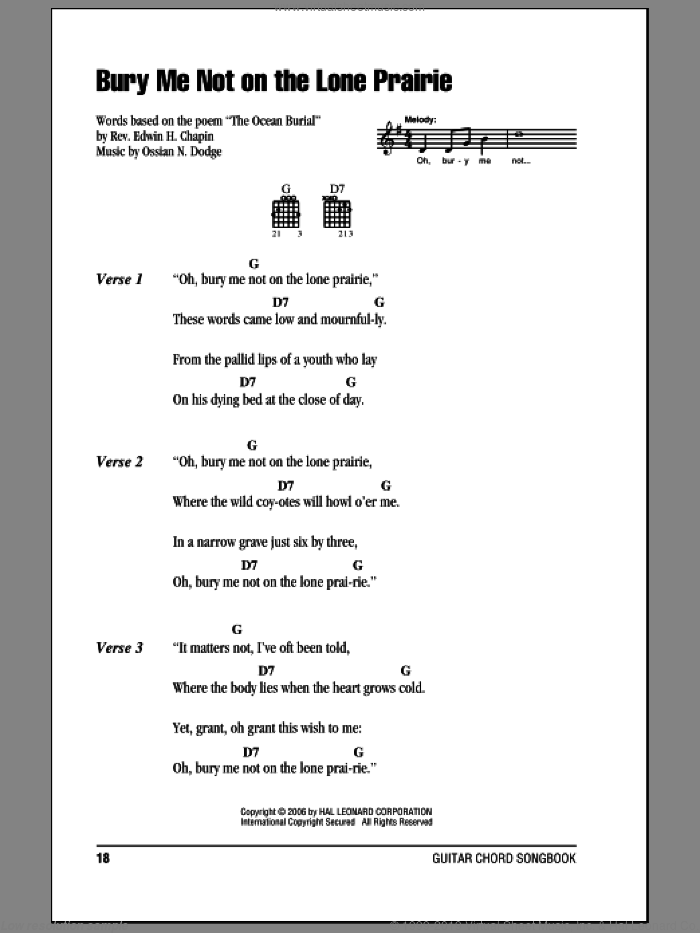 Bury Me Not On The Lone Prairie sheet music for guitar (chords) by E.H. Chapin and Ossian N. Dodge, intermediate skill level