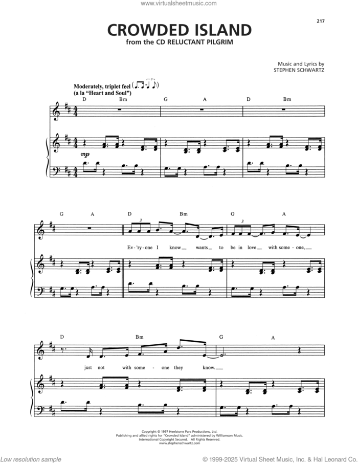 Crowded Island sheet music for voice and piano by Stephen Schwartz, intermediate skill level