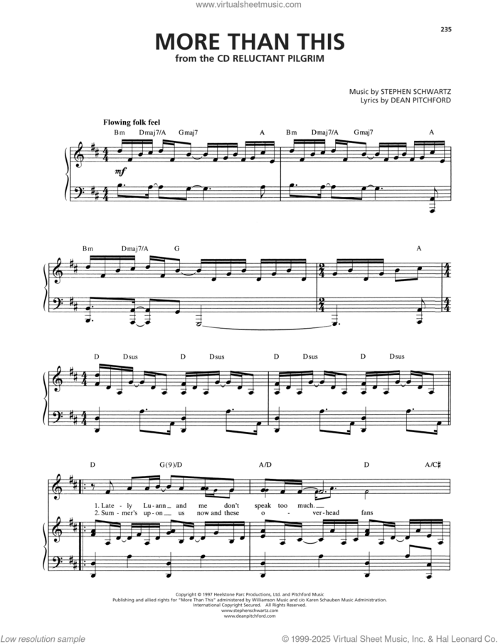More Than This sheet music for voice and piano by Stephen Schwartz and Dean Pitchford, intermediate skill level