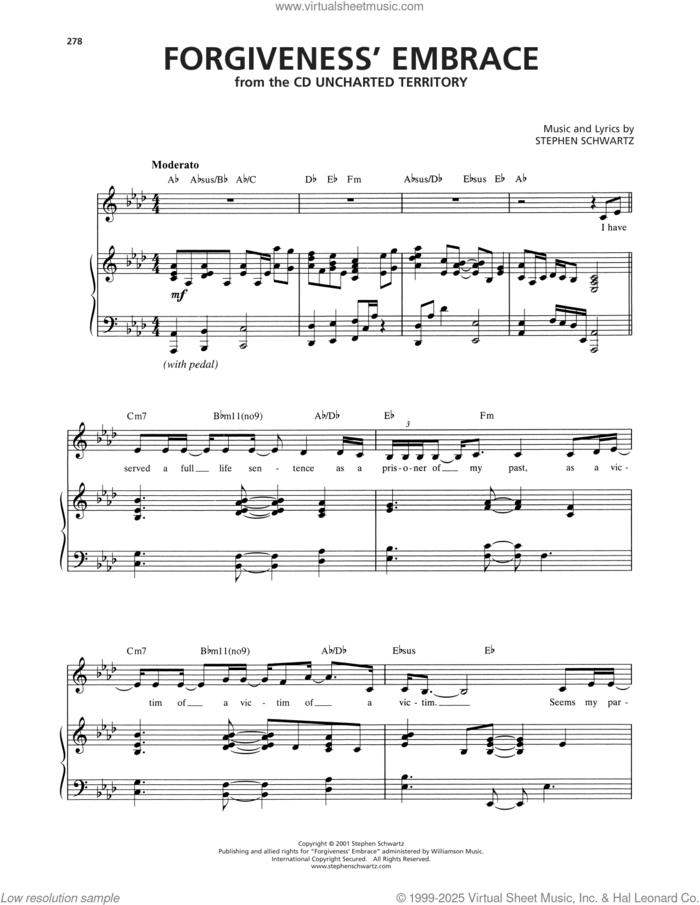 Forgiveness' Embrace sheet music for voice and piano by Stephen Schwartz, intermediate skill level