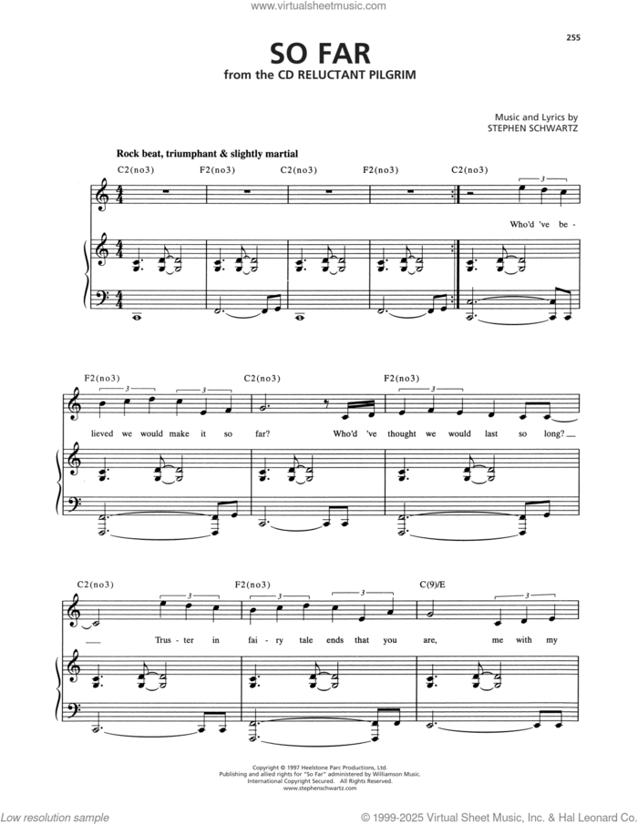 So Far sheet music for voice and piano by Stephen Schwartz, intermediate skill level