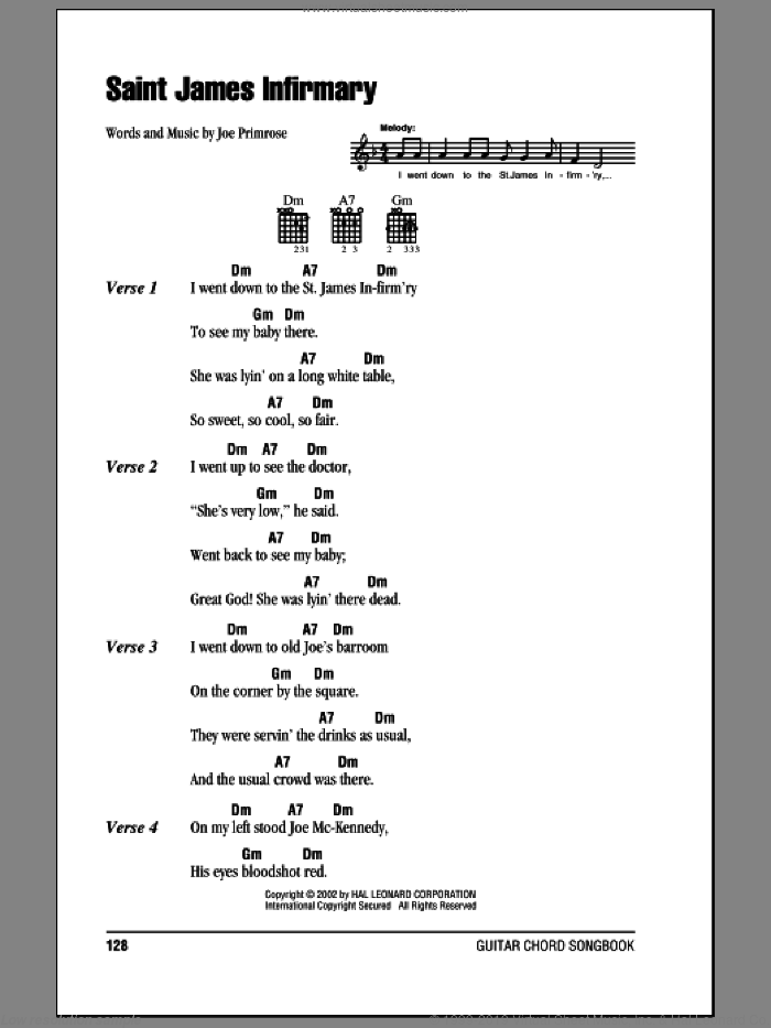 Saint James Infirmary sheet music for guitar (chords) by Joe Primrose, intermediate skill level