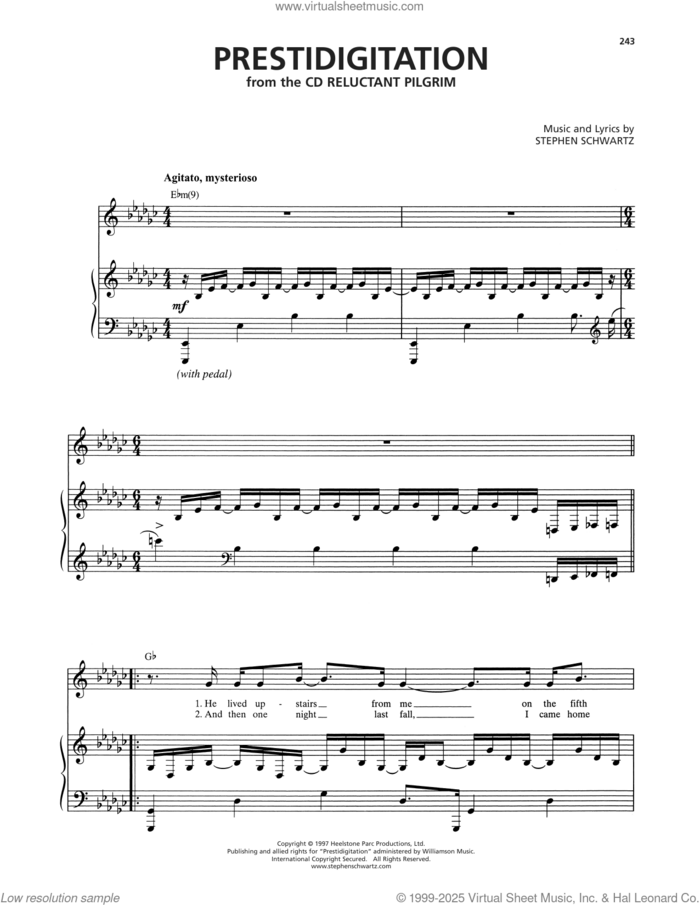Prestidigitation sheet music for voice and piano by Stephen Schwartz, intermediate skill level