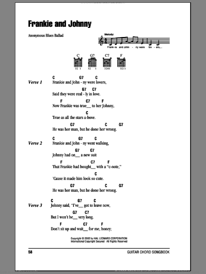 Frankie And Johnny sheet music for guitar (chords) by Anonymous, intermediate skill level