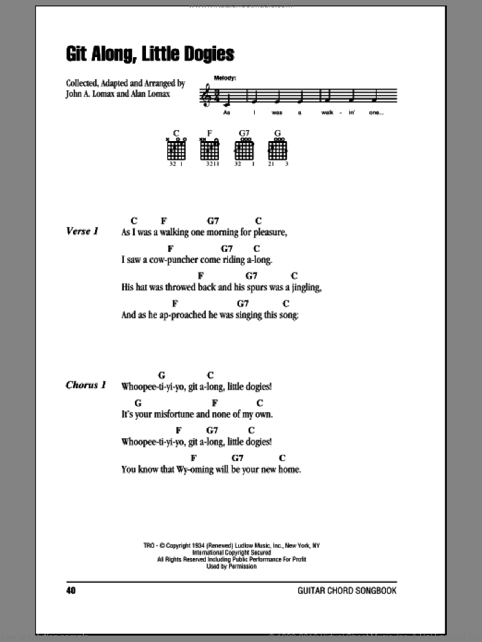 Git Along, Little Dogies sheet music for guitar (chords) by John A. Lomax, intermediate skill level