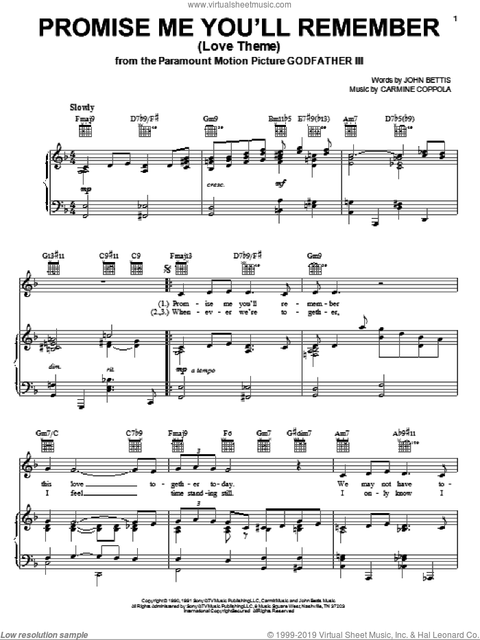 Promise Me You'll Remember (Love Theme) sheet music for voice, piano or guitar by John Bettis and Carmine Coppola, intermediate skill level