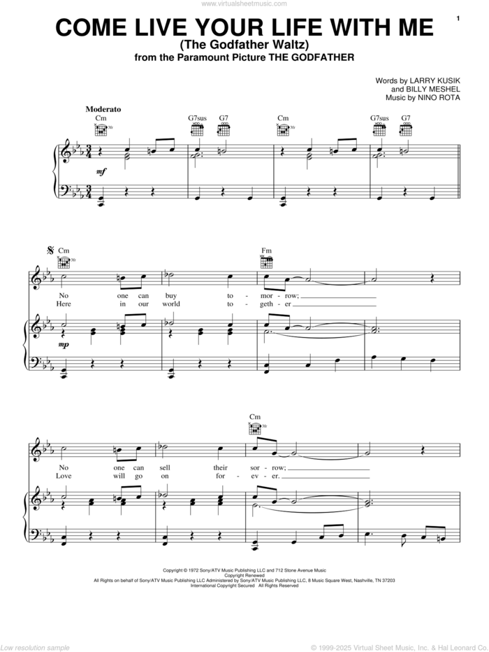 Come Live Your Life With Me (The Godfather Waltz) sheet music for voice, piano or guitar by Nino Rota, Billy Meshel and Larry Kusik, intermediate skill level