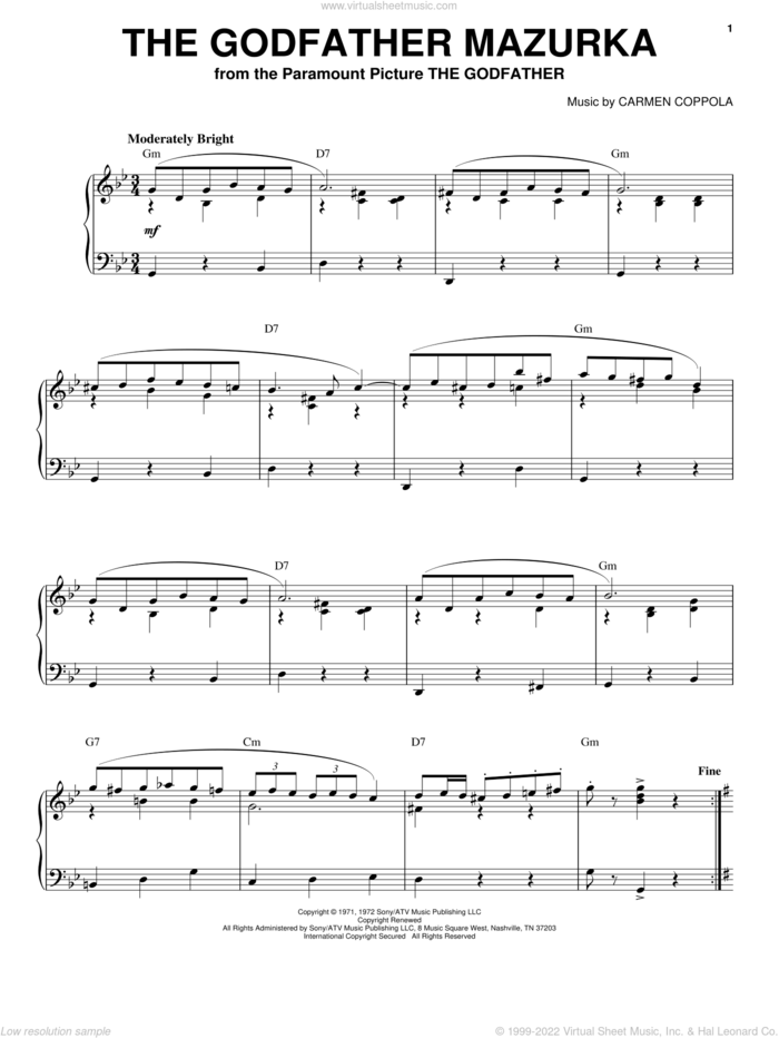 The Godfather Mazurka sheet music for voice, piano or guitar by Carmen Coppola, classical score, intermediate skill level