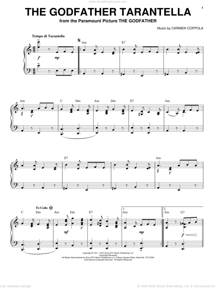 The Godfather Tarantella sheet music for voice, piano or guitar by Carmen Coppola, classical score, intermediate skill level