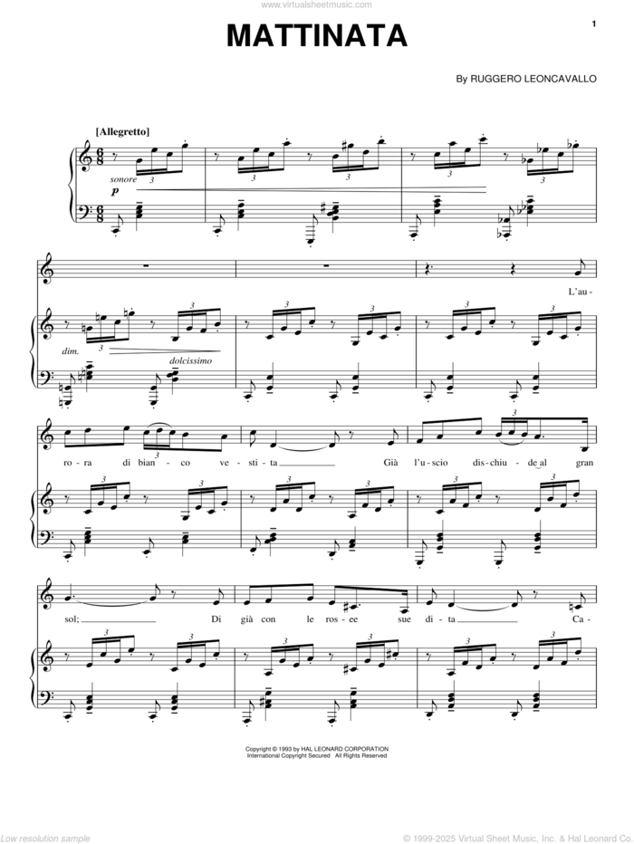 Mattinata sheet music for voice, piano or guitar by Ruggero Leoncavallo, classical score, intermediate skill level