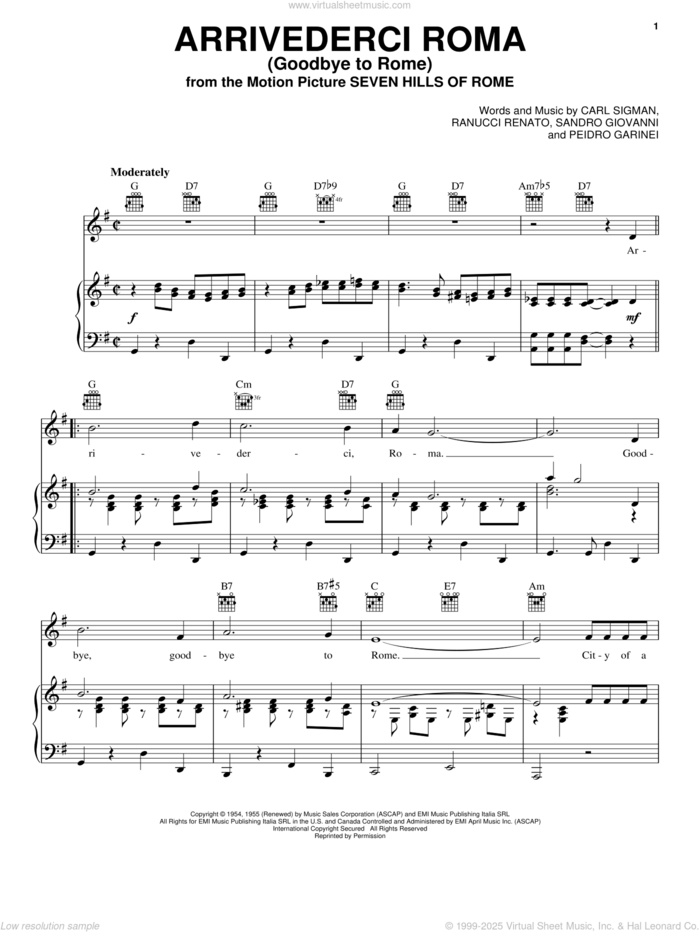 Arrivederci Roma (Goodbye To Rome) sheet music for voice, piano or guitar by Mario Lanza, Georgia Gibbs, Roger Williams, Carl Sigman, Pietro Garinei, Renato Rascel and Sandro Giovannini, intermediate skill level