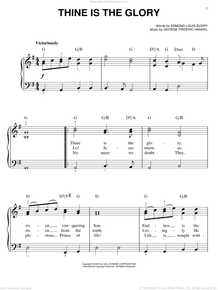 Thine Is The Glory, (easy) sheet music for piano solo by George Frideric Handel, Edmund Louis Budry and Richard Birch Hoyle, easy skill level