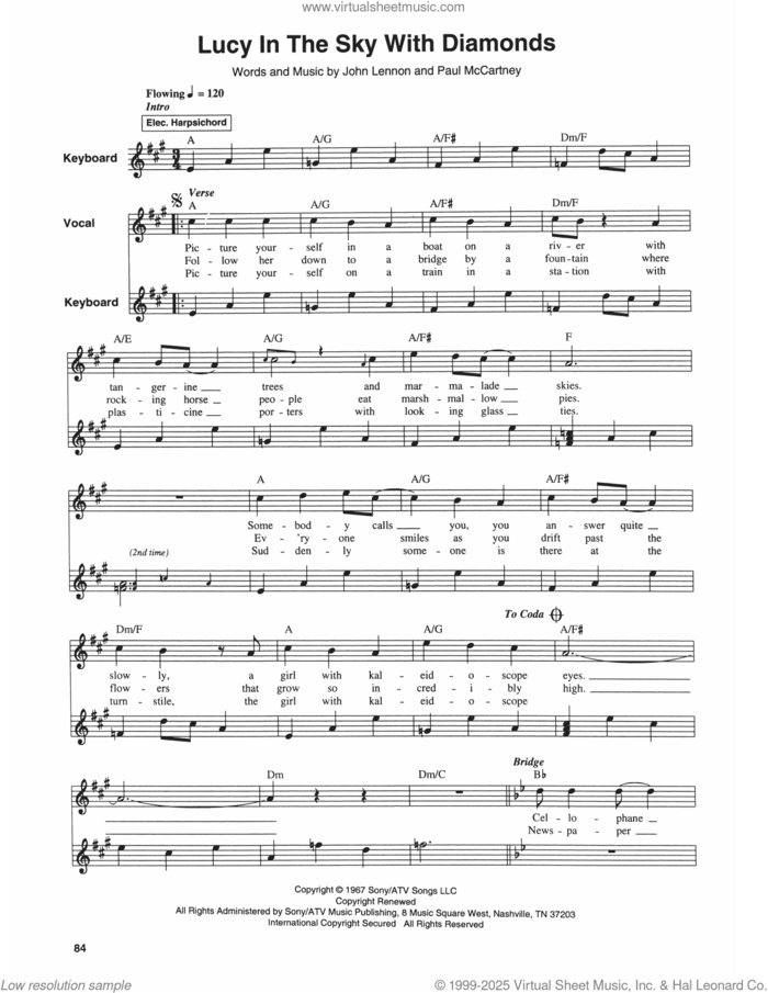 Lucy In The Sky With Diamonds sheet music for keyboard or piano by The Beatles, John Lennon and Paul McCartney, intermediate skill level