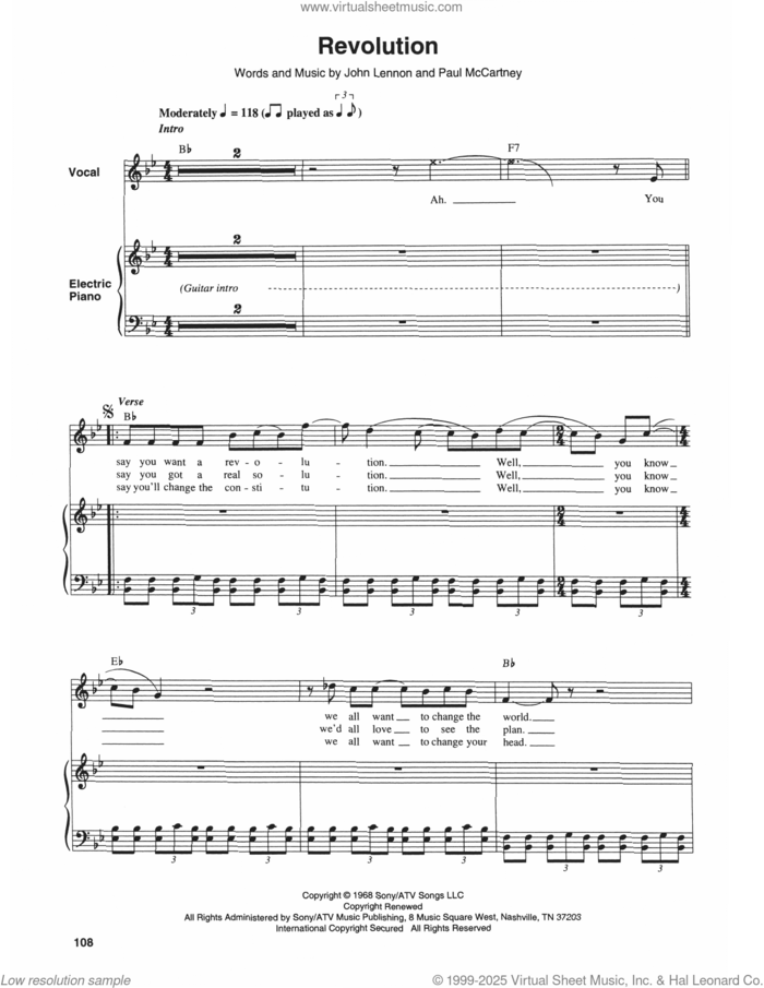Revolution sheet music for keyboard or piano by The Beatles, John Lennon and Paul McCartney, intermediate skill level