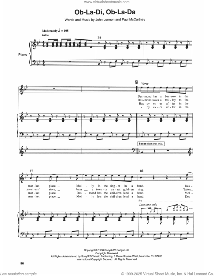 Ob-La-Di, Ob-La-Da sheet music for keyboard or piano by The Beatles, John Lennon and Paul McCartney, intermediate skill level