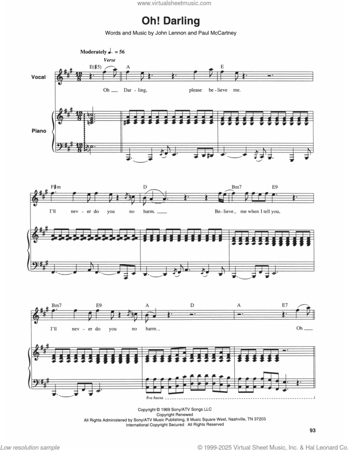 Oh! Darling sheet music for keyboard or piano by The Beatles, John Lennon and Paul McCartney, intermediate skill level