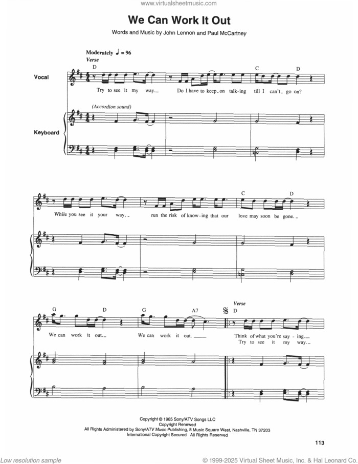 We Can Work It Out sheet music for keyboard or piano by The Beatles, John Lennon and Paul McCartney, intermediate skill level