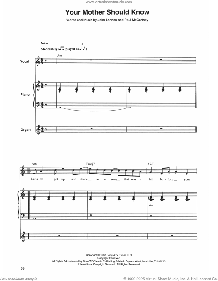 Your Mother Should Know sheet music for keyboard or piano by The Beatles, John Lennon and Paul McCartney, intermediate skill level