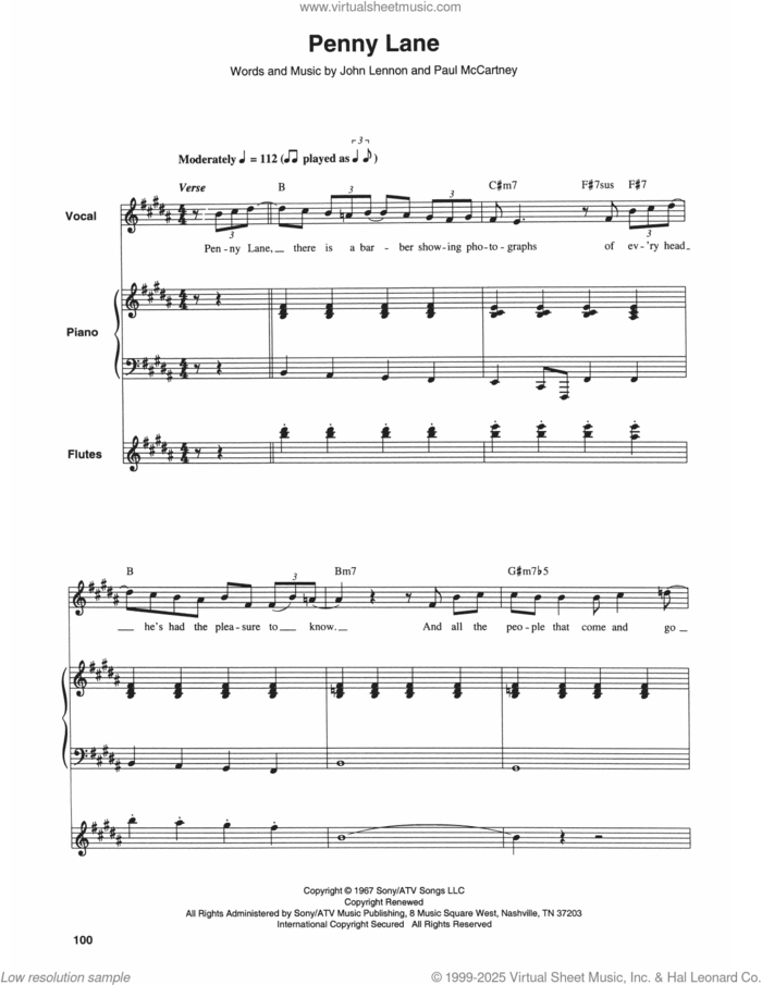 Penny Lane sheet music for keyboard or piano by The Beatles, John Lennon and Paul McCartney, intermediate skill level
