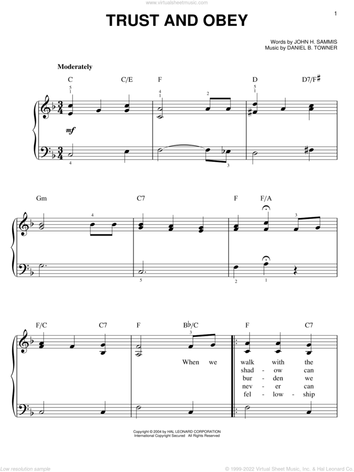 Trust And Obey, (easy) sheet music for piano solo by John H. Sammis and Daniel B. Towner, easy skill level