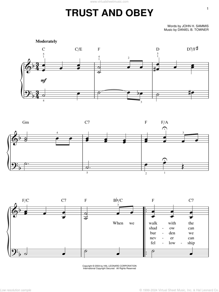 Trust And Obey, (easy) sheet music for piano solo by John H. Sammis and Daniel B. Towner, easy skill level