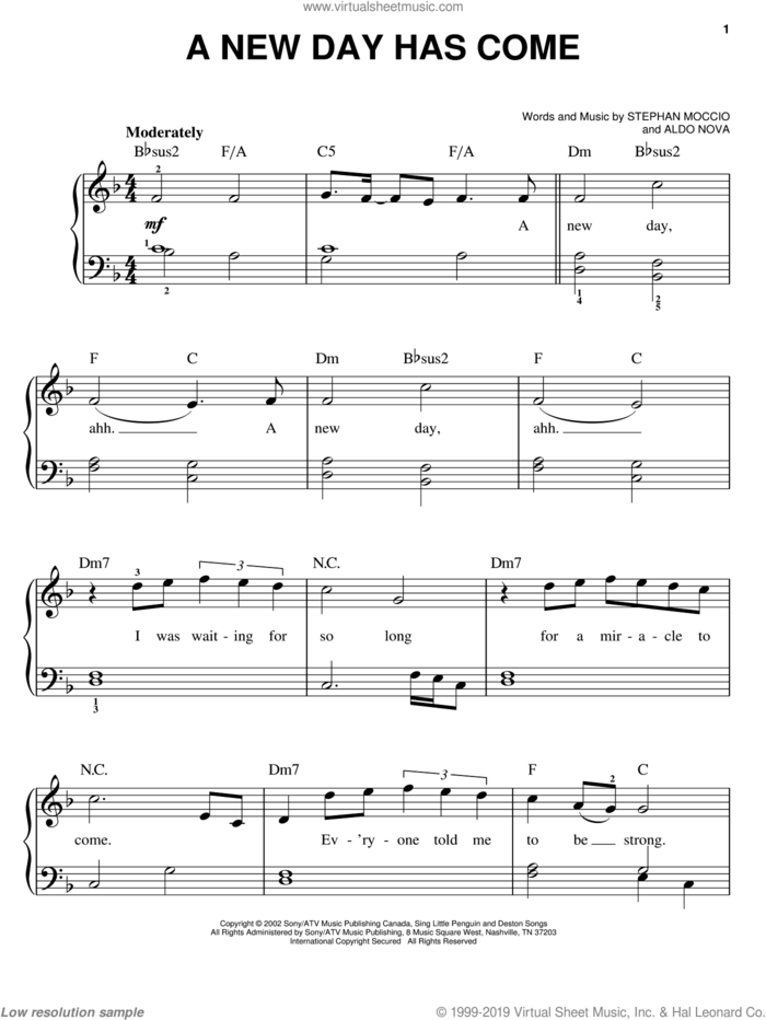 A New Day Has Come sheet music for piano solo by Celine Dion, Aldo Nova and Stephan Moccio, easy skill level
