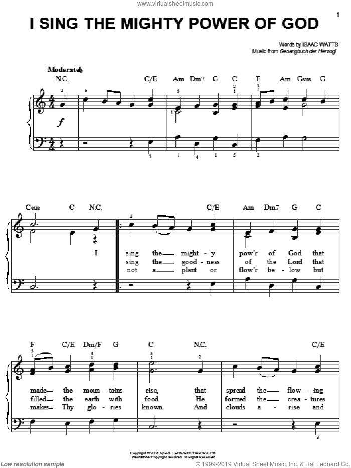 I Sing The Mighty Power Of God, (easy) sheet music for piano solo by Isaac Watts and Gesangbuch der Herzogl, easy skill level