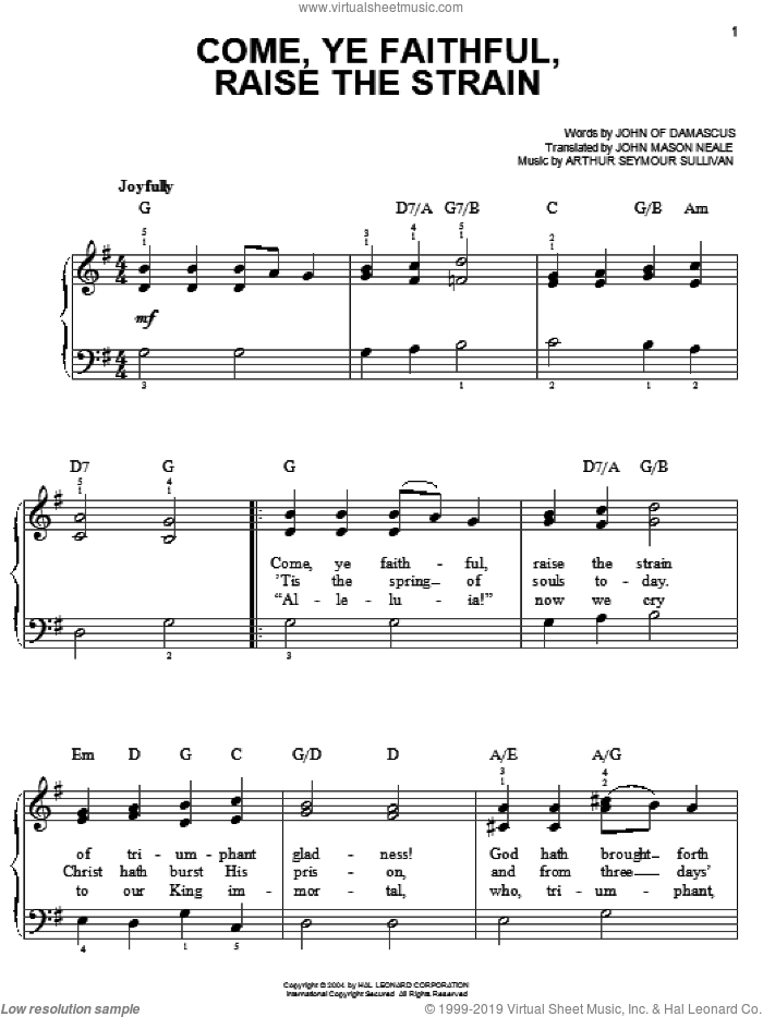 Come, Ye Faithful, Raise The Strain sheet music for piano solo by John Mason Neale, Arthur Sullivan and John of Damascus, easy skill level
