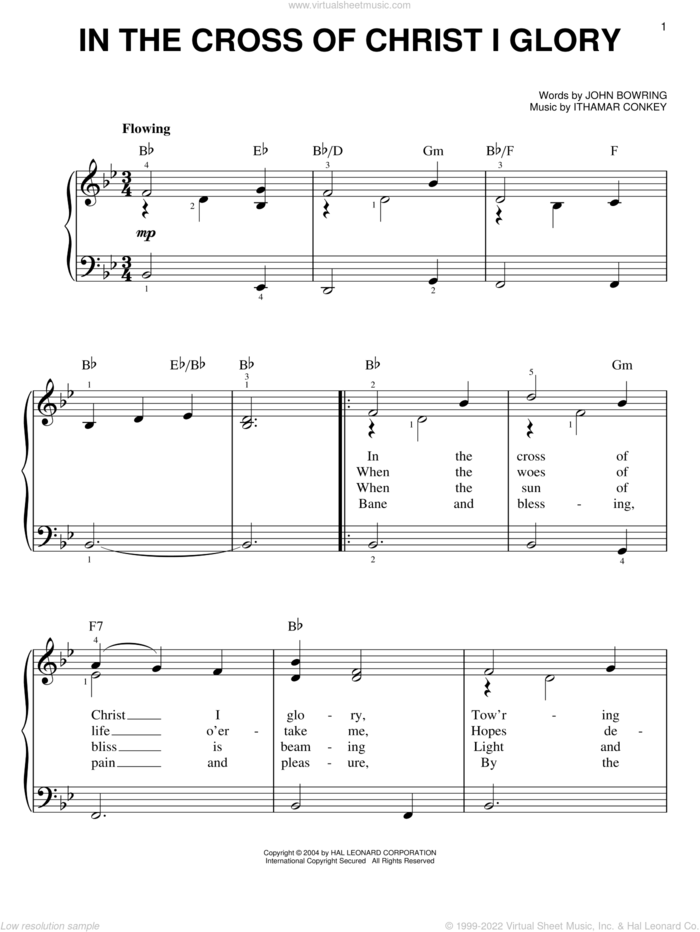 In The Cross Of Christ I Glory, (easy) sheet music for piano solo by John Bowring and Ithamar Conkey, classical score, easy skill level