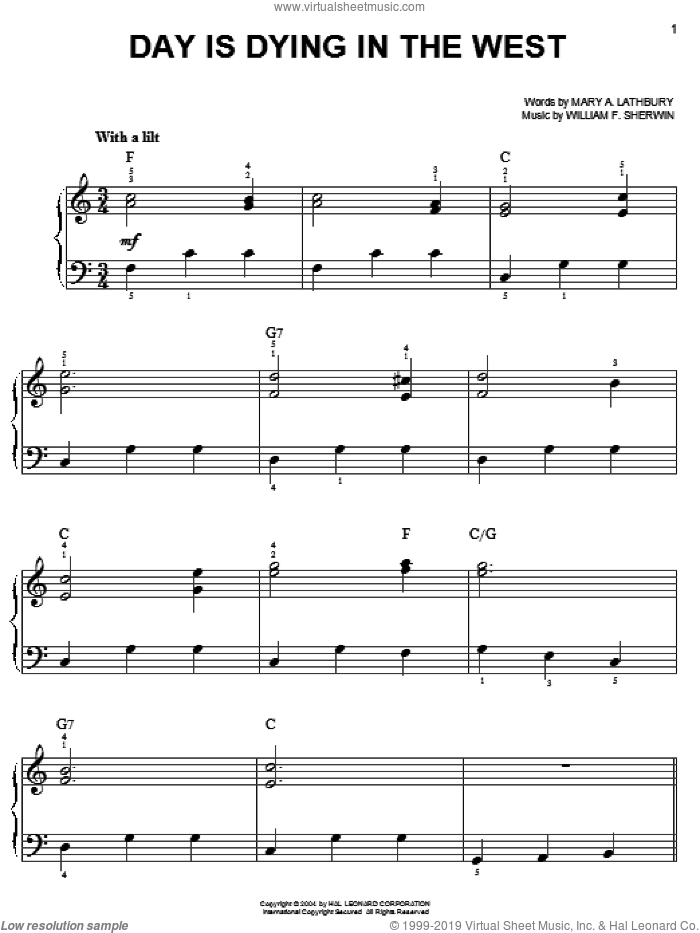 Day Is Dying In The West sheet music for piano solo by Mary Artemesia Lathbury and William Sherwin, easy skill level